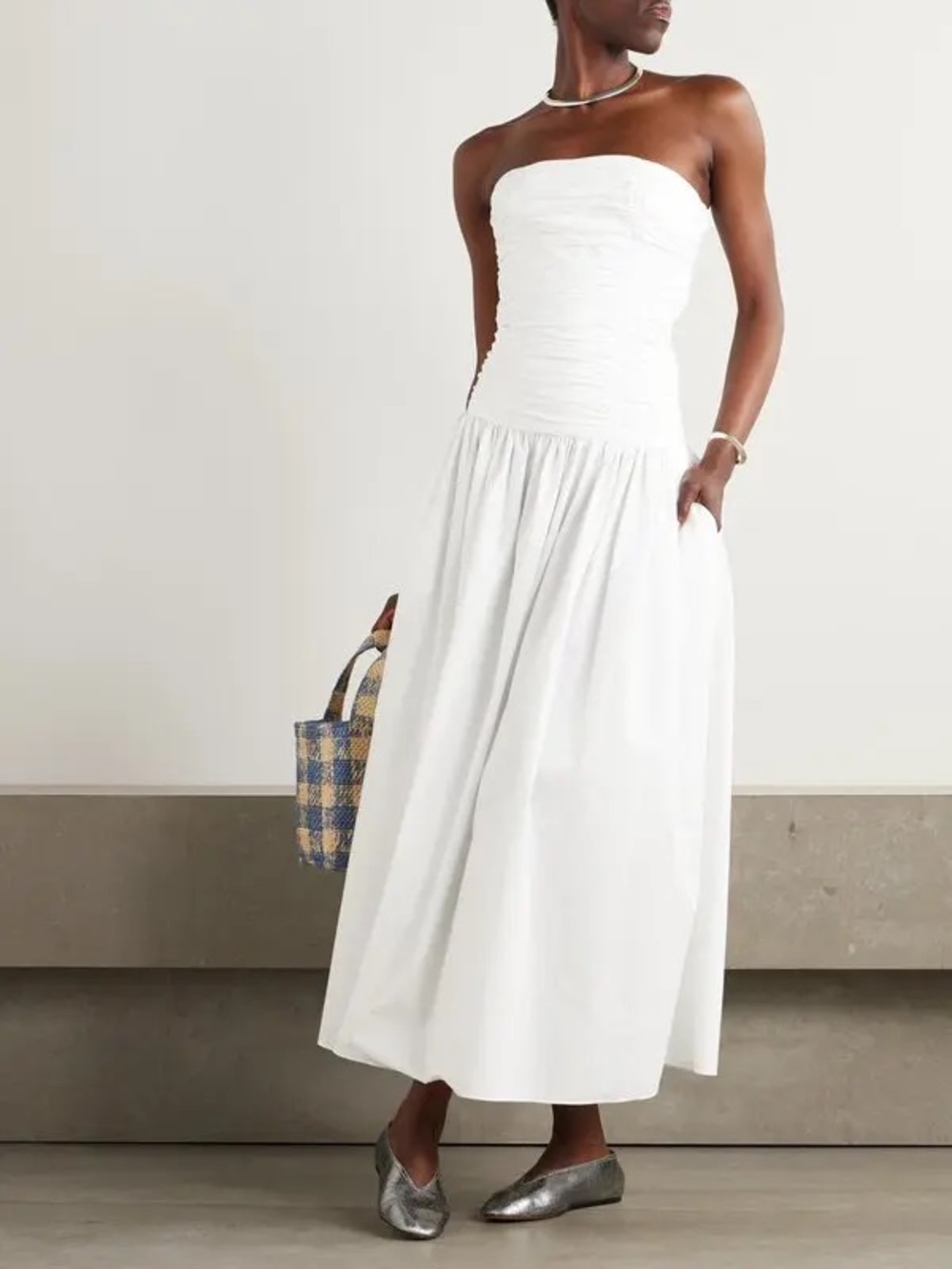 CAMILA COELHO ⢠Cari Ruched Bodice Strapless White Cotton Maxi Dress - Picture 3 of 7